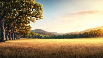 Obraz premium Rustic woods nature idea. A serene landscape featuring golden fields, lush trees, and distant rolling hills at sunset.