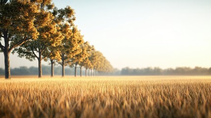 Rustic woods nature idea. A serene landscape with golden fields and lined trees under a clear morning sky.