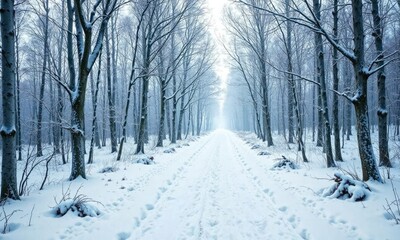 Obraz premium The snow-covered forest path is lined with bare trees, winter landscape, snowy terrain,