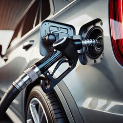 The image shows a close-up of a gas pump nozzle being inserted into the fuel tank of a silver car.
