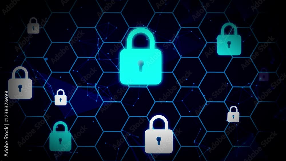 Poster security system activation animation by touching the screen with a finger, close up futuristic tech 