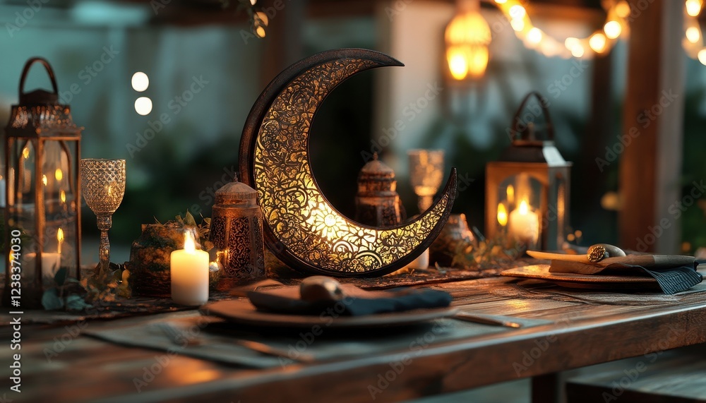 Poster enchanted evening table setting with crescent moon decor and warm candlelight