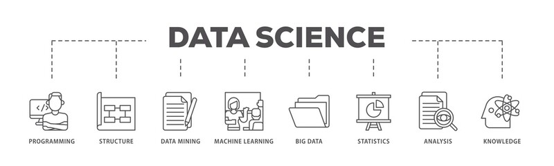 Fototapeta premium Data science infographic icons flow process which consists of data, classification, analyze, statistics, solving, decision and knowledge icon live stroke and easy to edit .