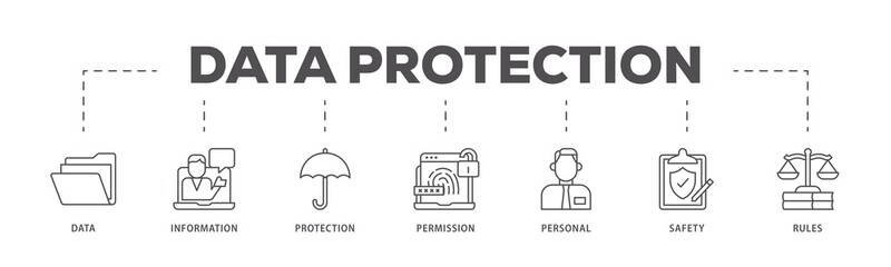 Data protection infographic icons flow process which consists of data, information, protection, permission, personal, safety and rules icon live stroke and easy to edit .