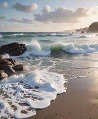 Obraz premium The soothing sound of the surf creates a sense of calm as the tide comes in, washing over the shore, ocean waves, calm sea, serene environment