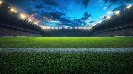 Fototapeta premium Under the Stadium Lights: A panoramic view of a sprawling football stadium, illuminated by powerful floodlights. The vibrant green field stretches towards the distant stands.