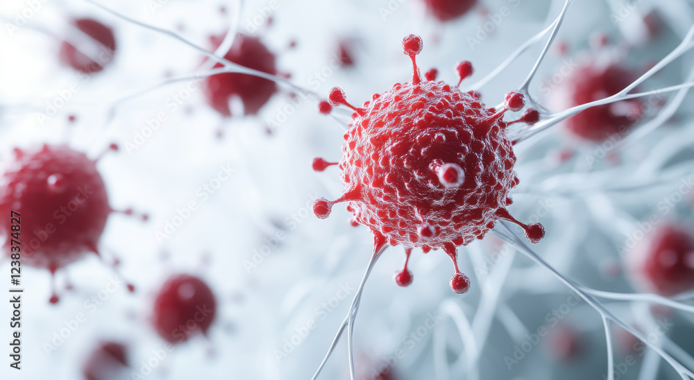 Poster a detailed representation of cellular structures connected by white wires, illustrating the complex 