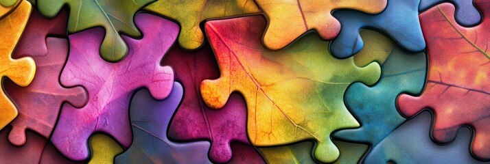 Fototapeta premium Colorful Autumn Leaves Puzzle: A vibrant and intricate jigsaw of autumn leaves, each piece a unique shade of fall colors.