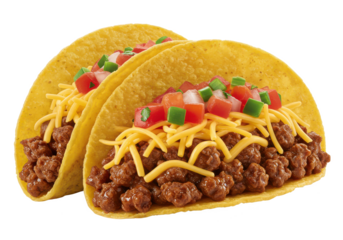 Beef tacos with cheese and salsa isolated on white background, front angled view, no depth of field, sharp.