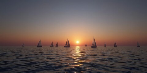 The sun setting behind the horizon over a calm sea with a few sailboats bobbing gently on the surface creating a peaceful atmosphere, gentle waves, horizon, sailboats