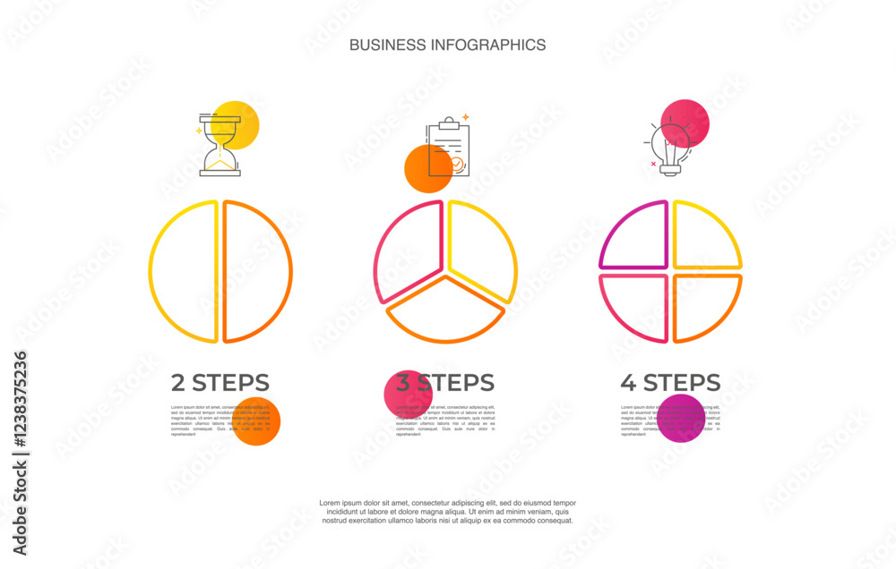 Poster vector infographic circles set divided radius. segments of circle with 2 to 4 pieces. modern colors 