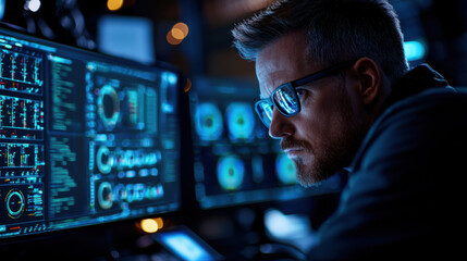 technician analyzing data on multiple screens in dark environment