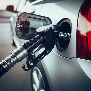 The image shows a close-up of a gas pump nozzle being inserted into the fuel tank of a silver car.
