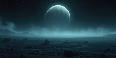 The surface of a barren planet is shrouded in an eternal, eerie twilight, perpetual dusk, barren landscape