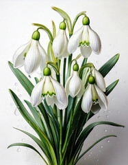 Fototapeta premium Przebiśniegi, wiosenne kwiaty w stylu akwareli na białym tle. Generative AI