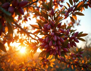The vibrant colors of an almond tree's leaves are accentuated by the warm light of sunset, leaves, almond tree, colors