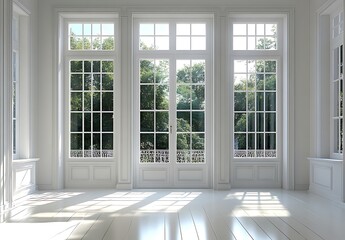 Bright White Room with French Doors and Sunlight