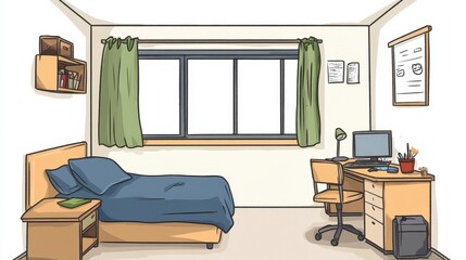 Cozy Bedroom and Workspace with Desk, Bed, and Green Curtains