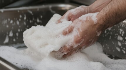 Fototapeta premium Hands washing white cloth in soapy water, kitchen sink background