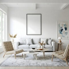 Frame mockup, ISO A paper size. Living room wall poster mockup. Interior mockup with house background. Modern interior design. 3D render