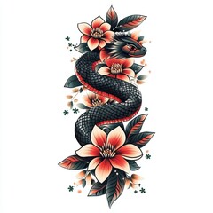 Obraz premium Tattoo design featuring a snake and flowers.
