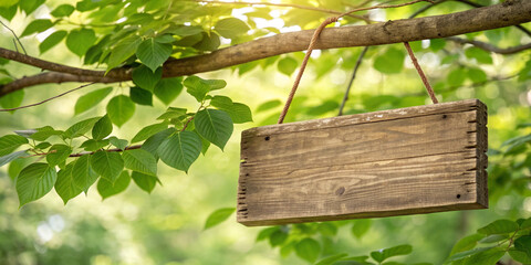 A Rustic Wooden Signboard Hanging on a Branch with Green Leaves for Natural Decor
