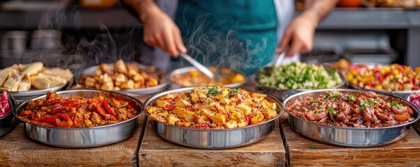 A bustling Eid showcasing a variety of vibrant and flavorful traditional dishes arranged on a rustic wooden table