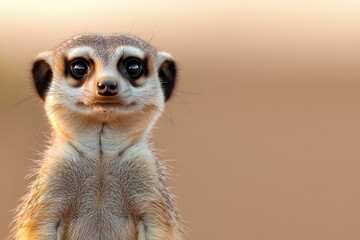 A close up portrait of a group of adorable meerkats standing upright on a rocky outcrop looking alert and inquisitive with their large eyes and furry bodies  These small