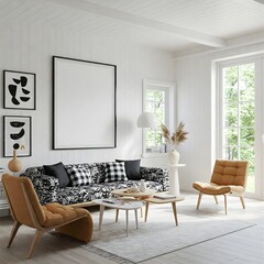 Frame mockup, ISO A paper size. Living room wall poster mockup. Interior mockup with house background. Modern interior design. 3D render