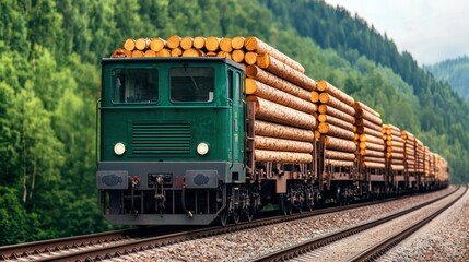 Fototapeta premium A timber transport train loaded with logs and lumber winding its way through a picturesque mountain valley landscape with lush green forests and cloudy skies