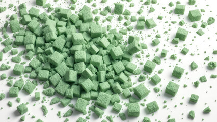 thick green and gray sponge foam material scattered on a white background,  desk organizer,  decorative element,  abstract pattern, green sponge foam,  texture photography