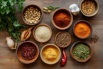 Varied spices and herbs arranged in bowls on wooden table for culinary preparation in kitchen