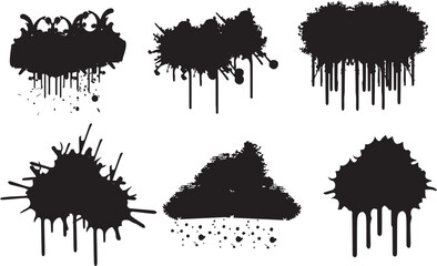 Stains graffiti with spray effect, template, mockup. Silhouette black paint with drips, splatter, drips. Street art stencil. Graffiti graphic box, spray silhouette grunge. Dirty textured. Vector