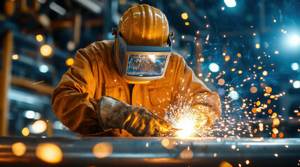 heavy industry worker welding metal pipe, sparks flying, focused on task