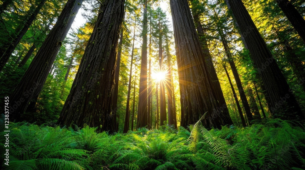 Poster rustic woods nature idea. sunlight filters through tall trees in a lush green forest, creating a ser