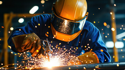 heavy industry worker welding metal pipe, sparks flying, focused on task