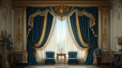 Fototapeta premium Luxurious ornate curtains with deep teal velvet drapes adorned with intricate gold embroidery. Sheer white lace curtains complement the design, featuring art nouveau floral motifs.