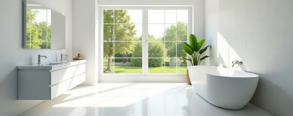Fototapeta premium Spacious white bathroom, large window, natural light, home, clean, design