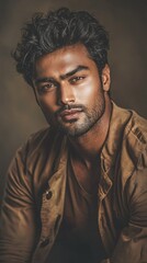 Obraz premium A man with striking curly hair gazes thoughtfully into the distance, his expression reflecting confidence and depth as he wears a stylish brown jacket. Soft lighting accentuates his features