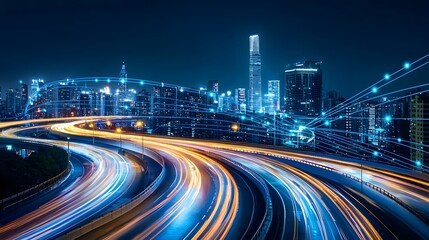Fototapeta premium A dark urban highway comes alive with a futuristic glow streaked with vibrant blue and fiery orange motion lines that convey the essence of speed and modern progress in a dynamic energetic scene