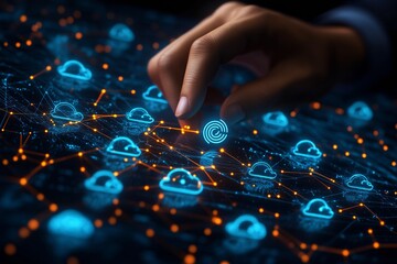 Naklejka premium A close-up of a hand interacting with a futuristic digital cloud computing interface, showcasing a high-tech network of interconnected data nodes.