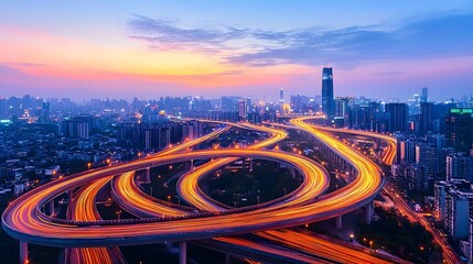 Obraz premium A dynamic and futuristic highway scene featuring vivid blue and orange light trails forming an upward trajectory creating a sense of speed and motion under a dark sky