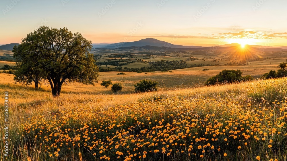 Poster Rustic woods nature idea. Sunset over golden fields with a lone tree and distant mountains creating a serene landscape.