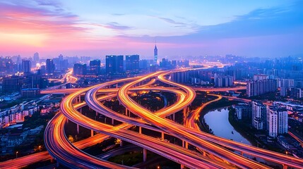 Obraz premium A futuristic highway scene featuring vivid blue and orange light trails forming an upward trajectory creating a sense of speed and motion under a dark illuminated sky
