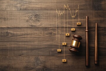 A wooden courtroom setting with digital market charts graphs and financial indicators displayed on the walls