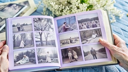 Person holding a scrapbook filled with nostalgic family photographs in a cozy setting
