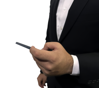 Man looking at the smartphone from side view, no face, isolated transparent with copy space