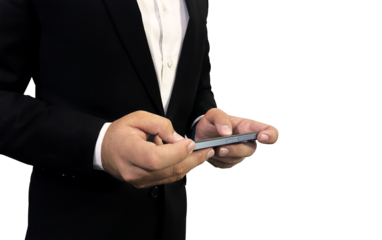Man side view of looking at the smartphone screen held with both hands, businessman, phone, isolated on the transparent backdrop.