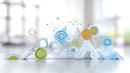 Abstract 3D Render Swirling Wave Design with Colorful Circles and Geometric Shapes