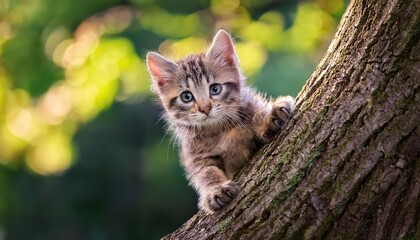 Obraz premium A curious kitten climbs a tree, its vibrant fur glowing in the warm evening light.
